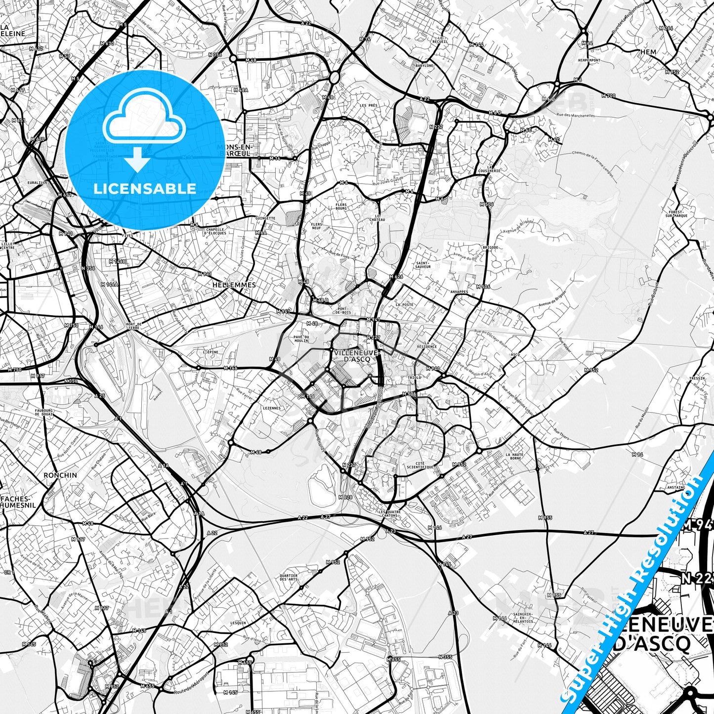 Villeneuve-d Ascq, France Light Map with Street Names, City Names, and Districts