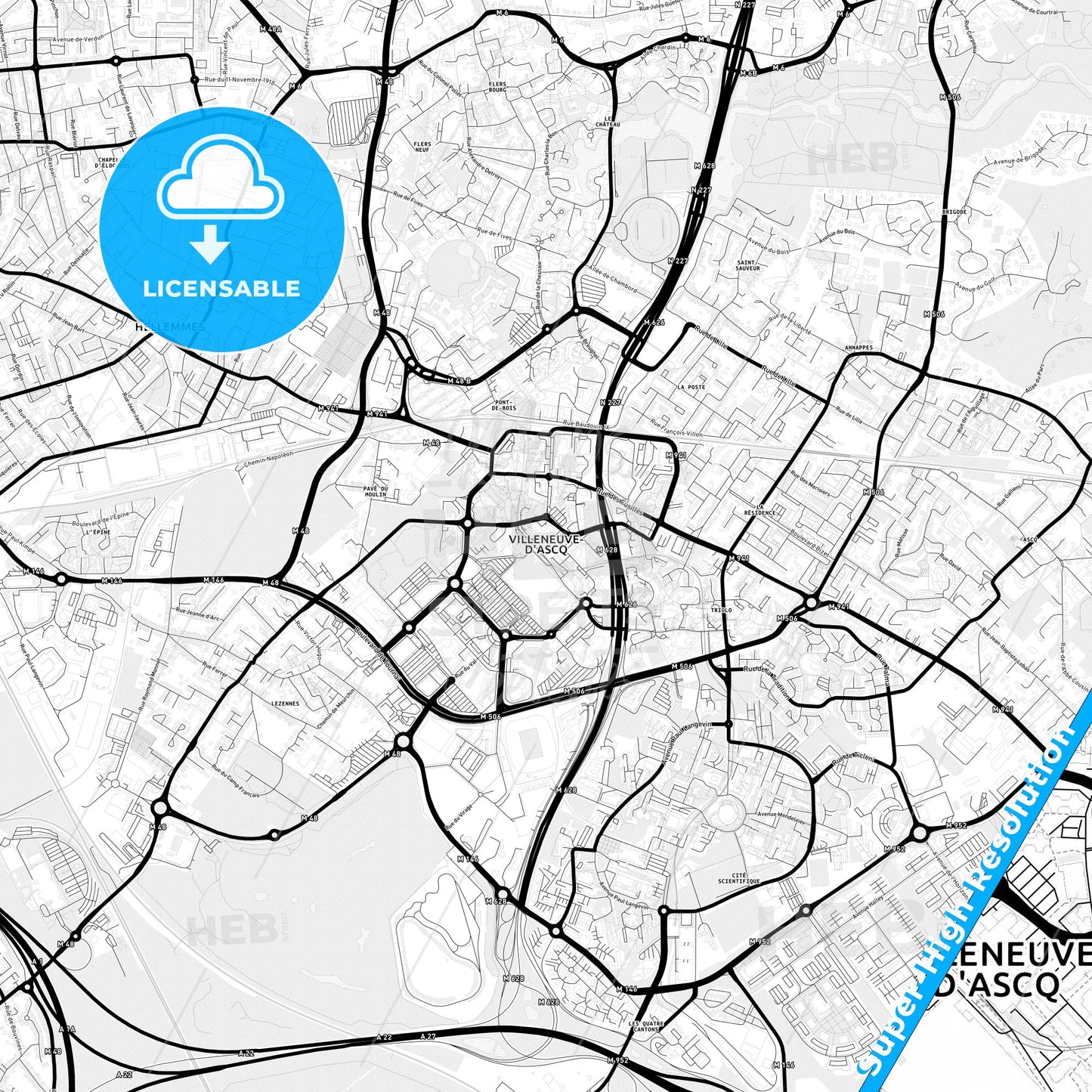 Villeneuve-d Ascq, France Light Map with Street Names, City Names, and Districts