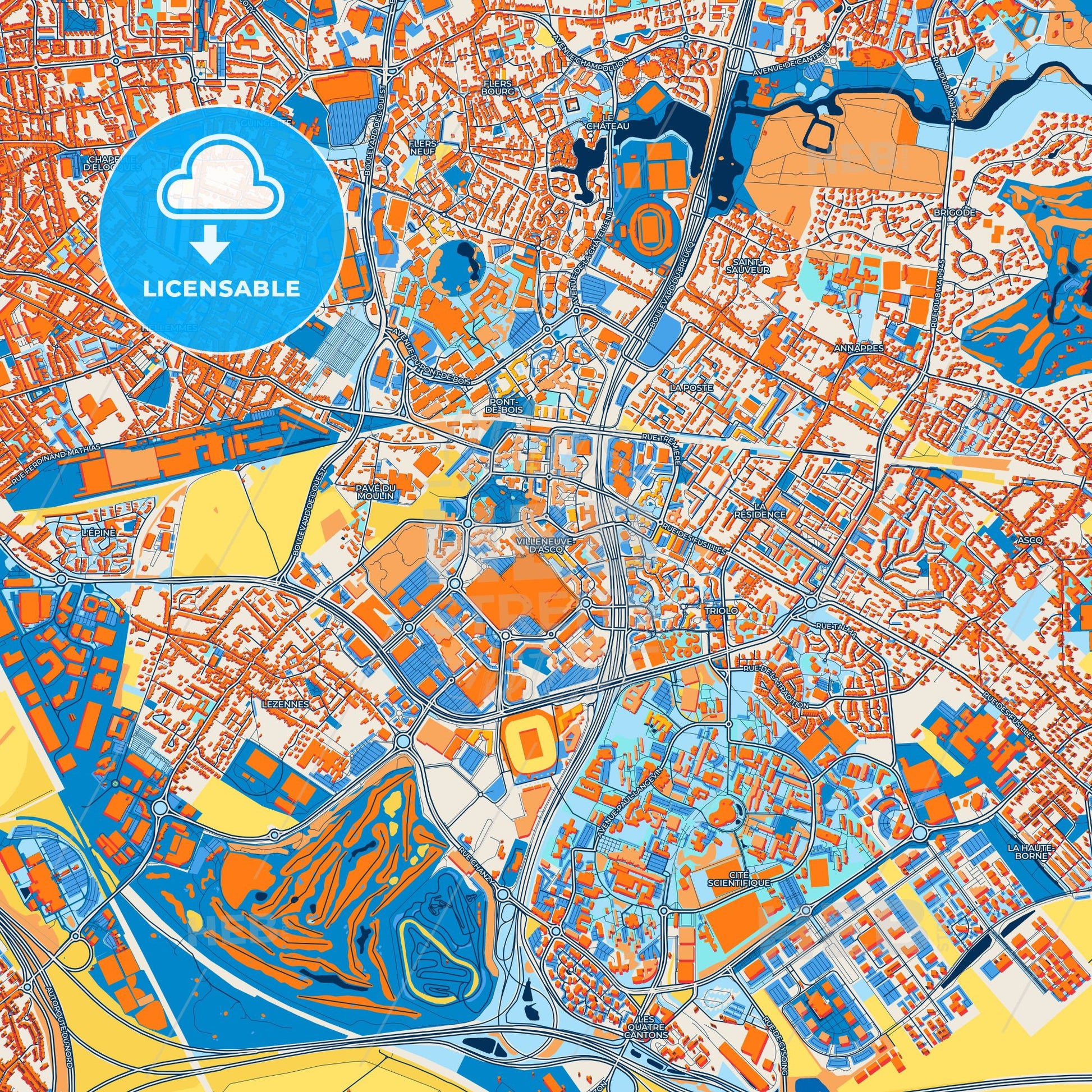 Colorful Villeneuve-d Ascq Street Map with Labels and Buildings