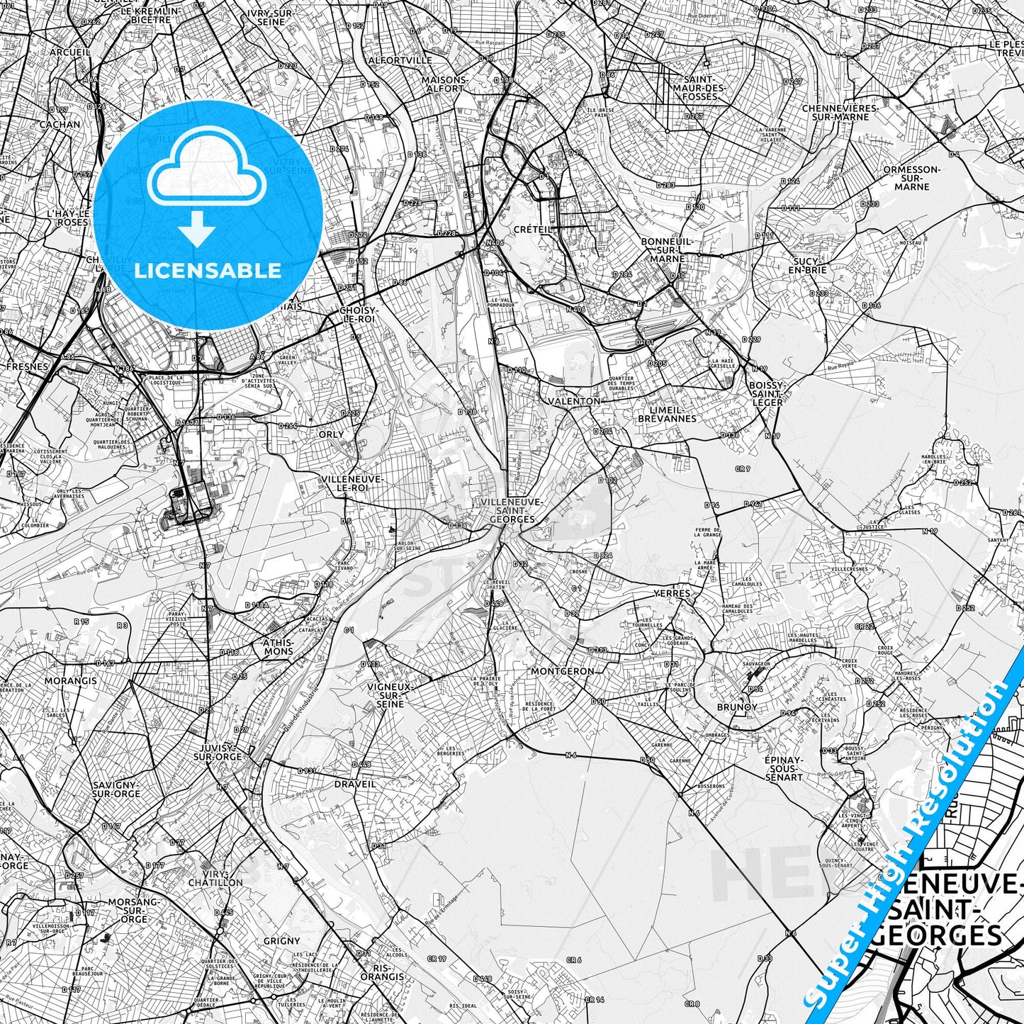 Villeneuve-Saint-Georges, France light map with streetnames, citynames and districts