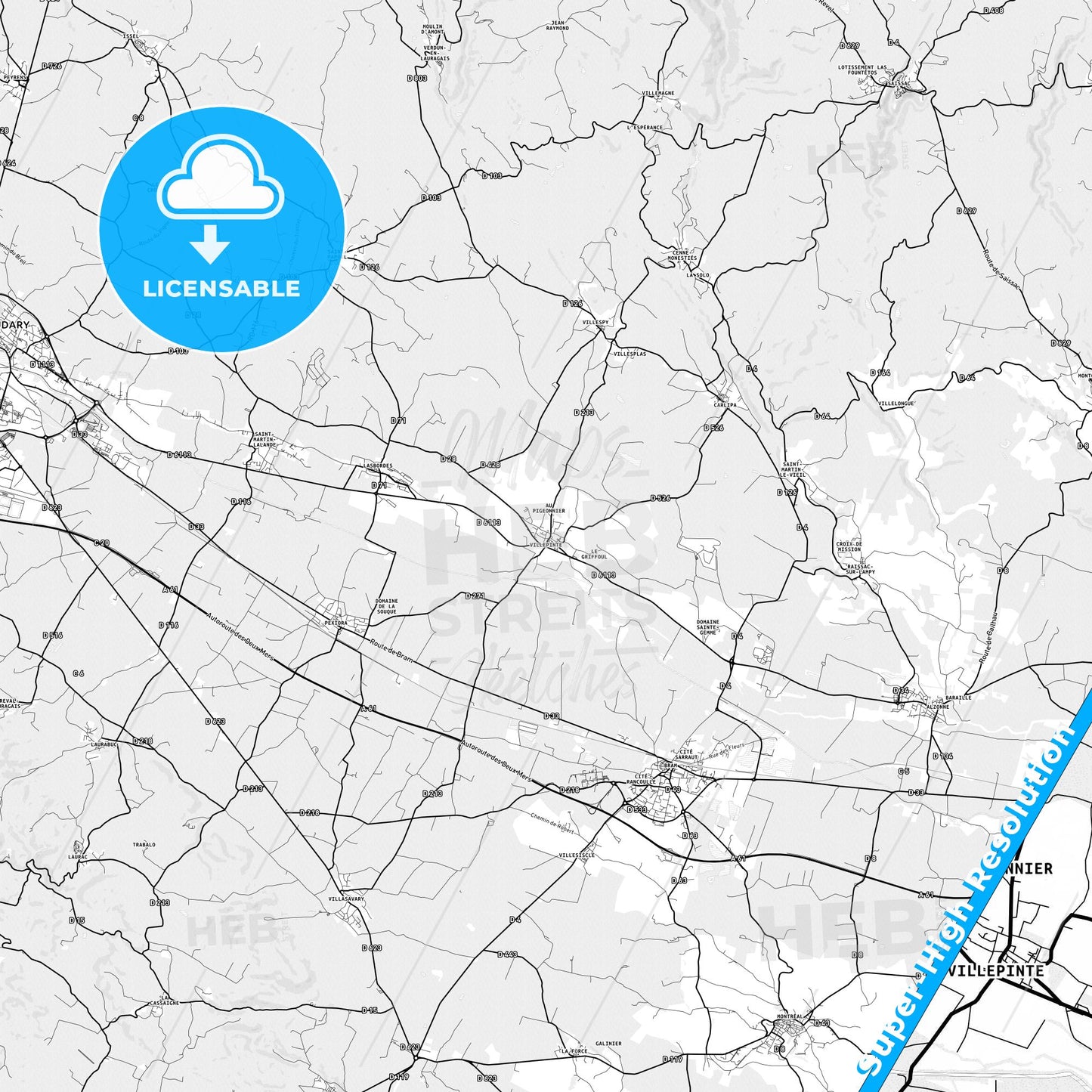 Villepinte, France light map with streetnames, citynames and districts