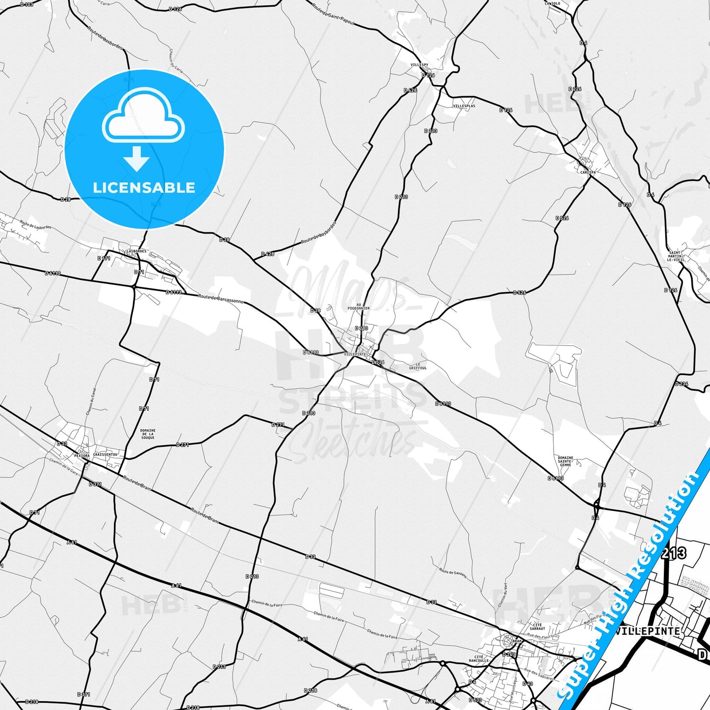 Villepinte, France Light Map with Street Names, City Names, and Districts
