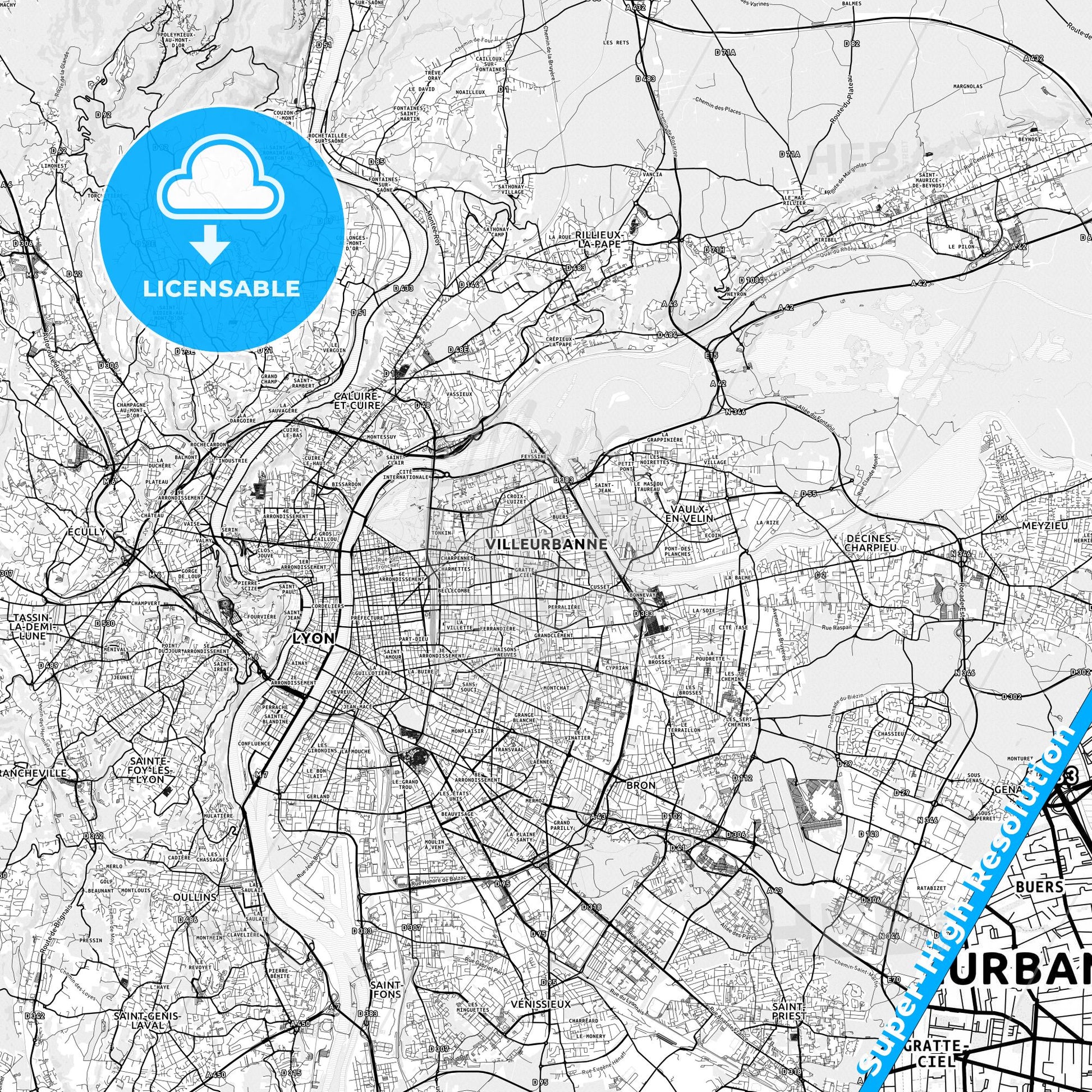 Villeurbanne, France light map with streetnames, citynames and districts