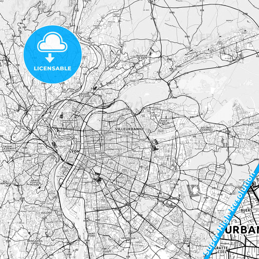 Villeurbanne, France light map with streetnames, citynames and districts