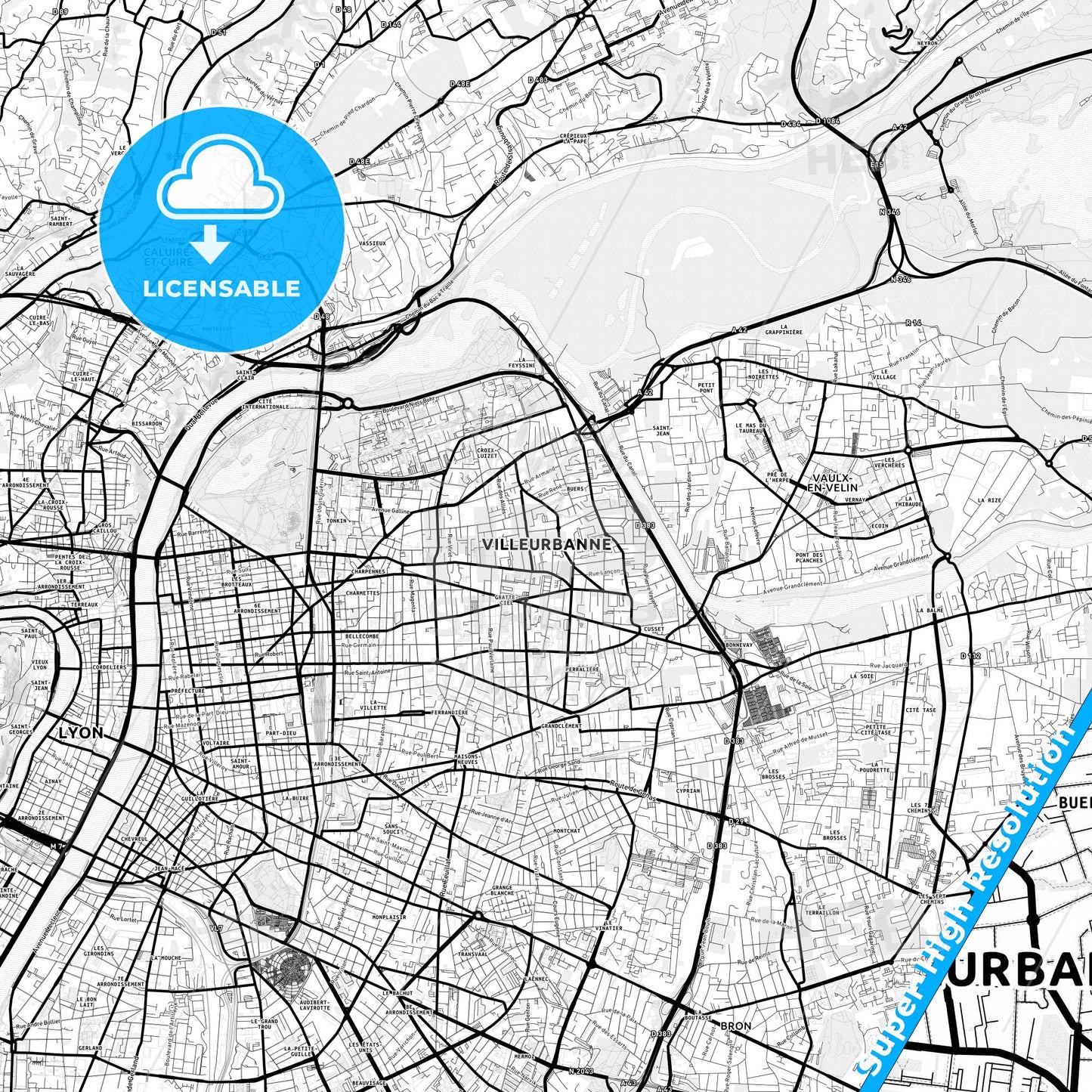 Villeurbanne, France Light Map with Street Names, City Names, and Districts