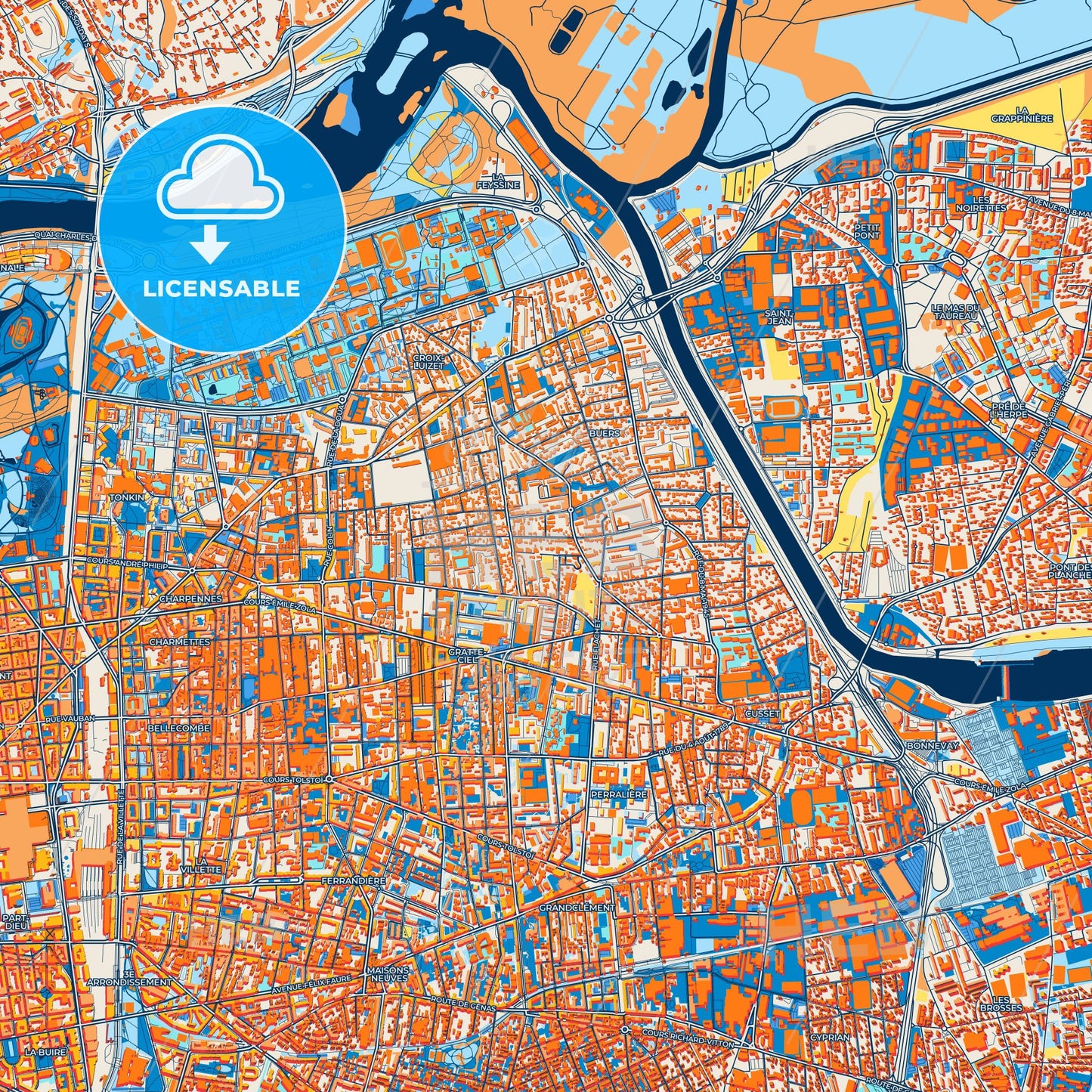 Colorful Villeurbanne Street Map with Labels and Buildings