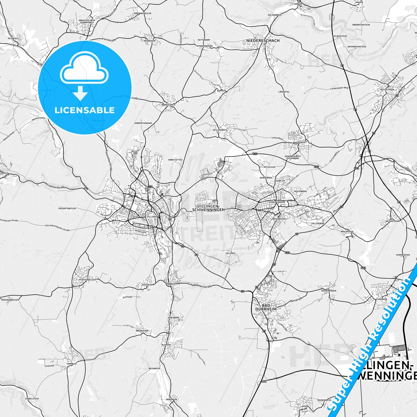 Villingen-Schwenningen, Germany light map with streetnames, citynames and districts