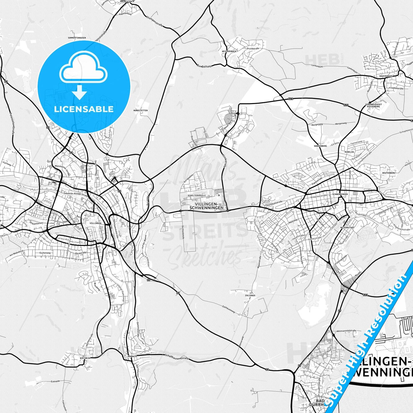 Villingen-Schwenningen, Germany Light Map with Street Names, City Names, and Districts