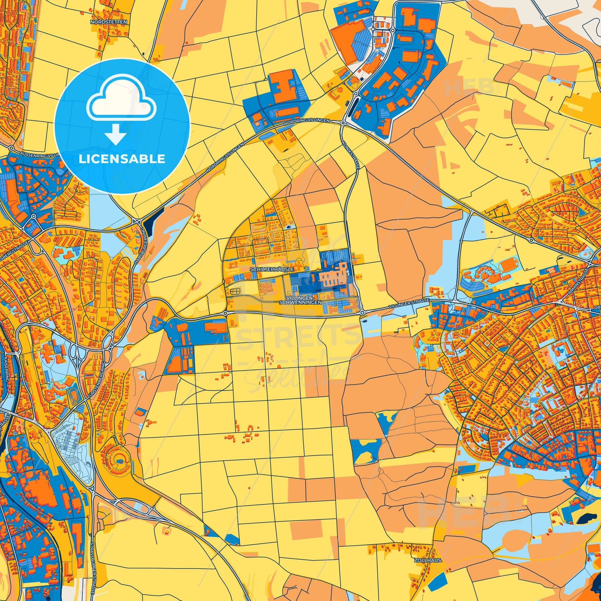 Colorful Villingen-Schwenningen Street Map with Labels and Buildings