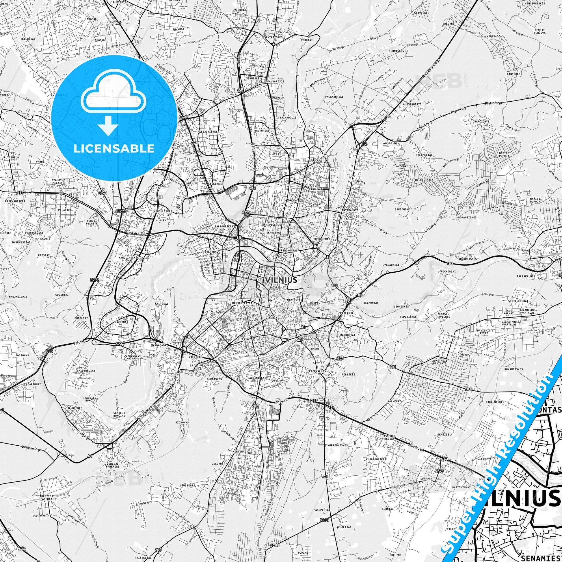 Vilnius, Lithuania light map with streetnames, citynames and districts