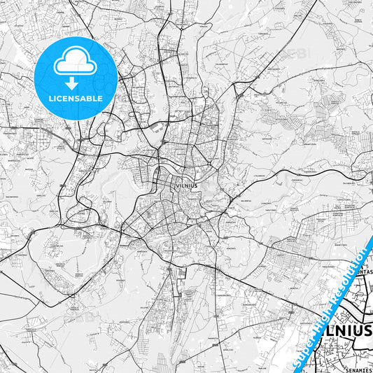 Vilnius, Lithuania light map with streetnames, citynames and districts