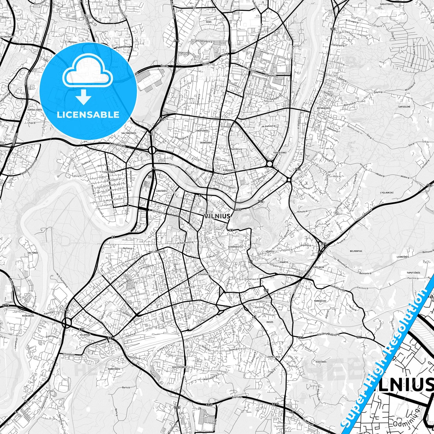 Vilnius, Lithuania Light Map with Street Names, City Names, and Districts