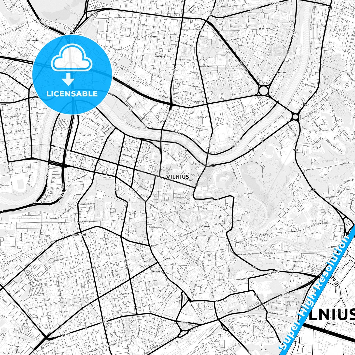Vilnius, Lithuania Light Map with Street Names, City Names, and Districts