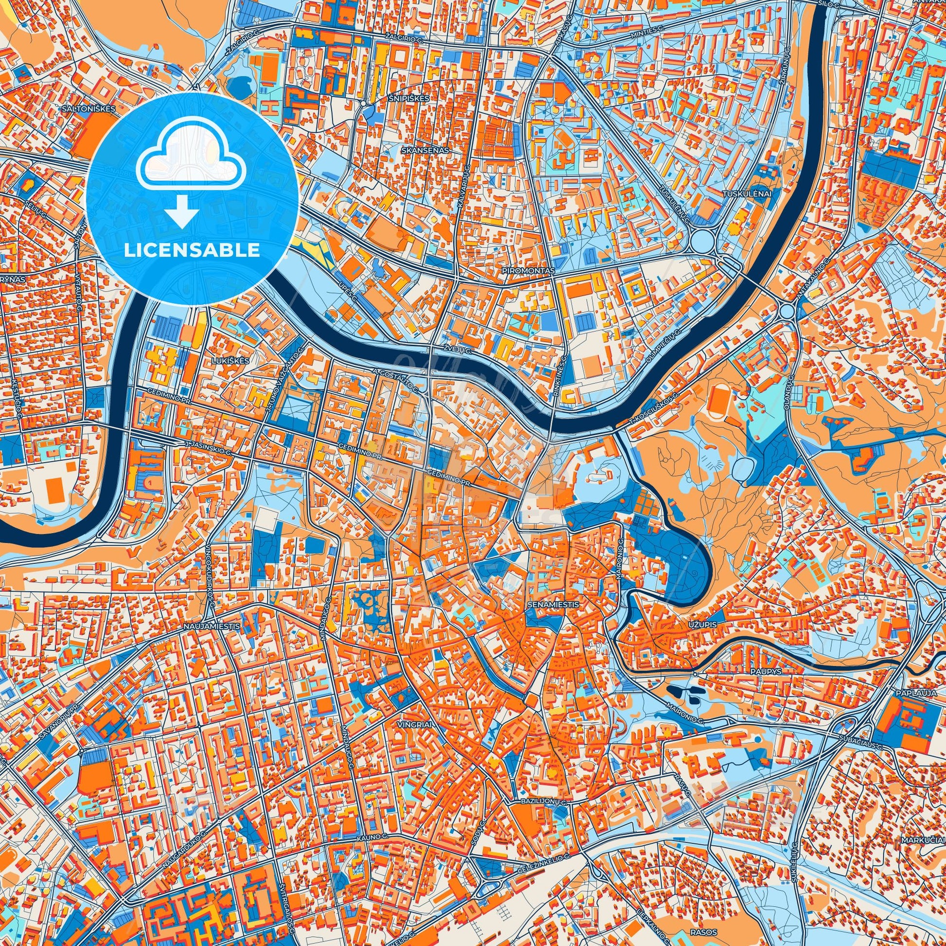 Colorful Vilnius Street Map with Labels and Buildings