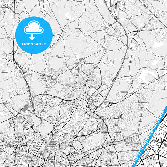 Vilvoorde, Belgium light map with streetnames, citynames and districts