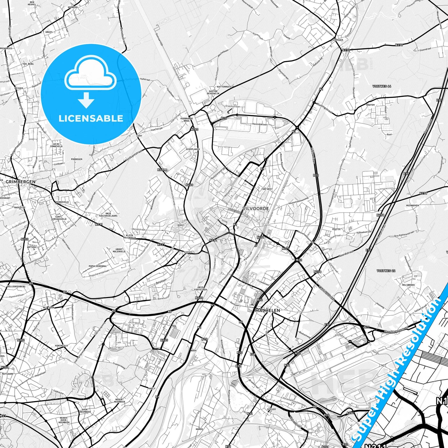 Vilvoorde, Belgium Light Map with Street Names, City Names, and Districts
