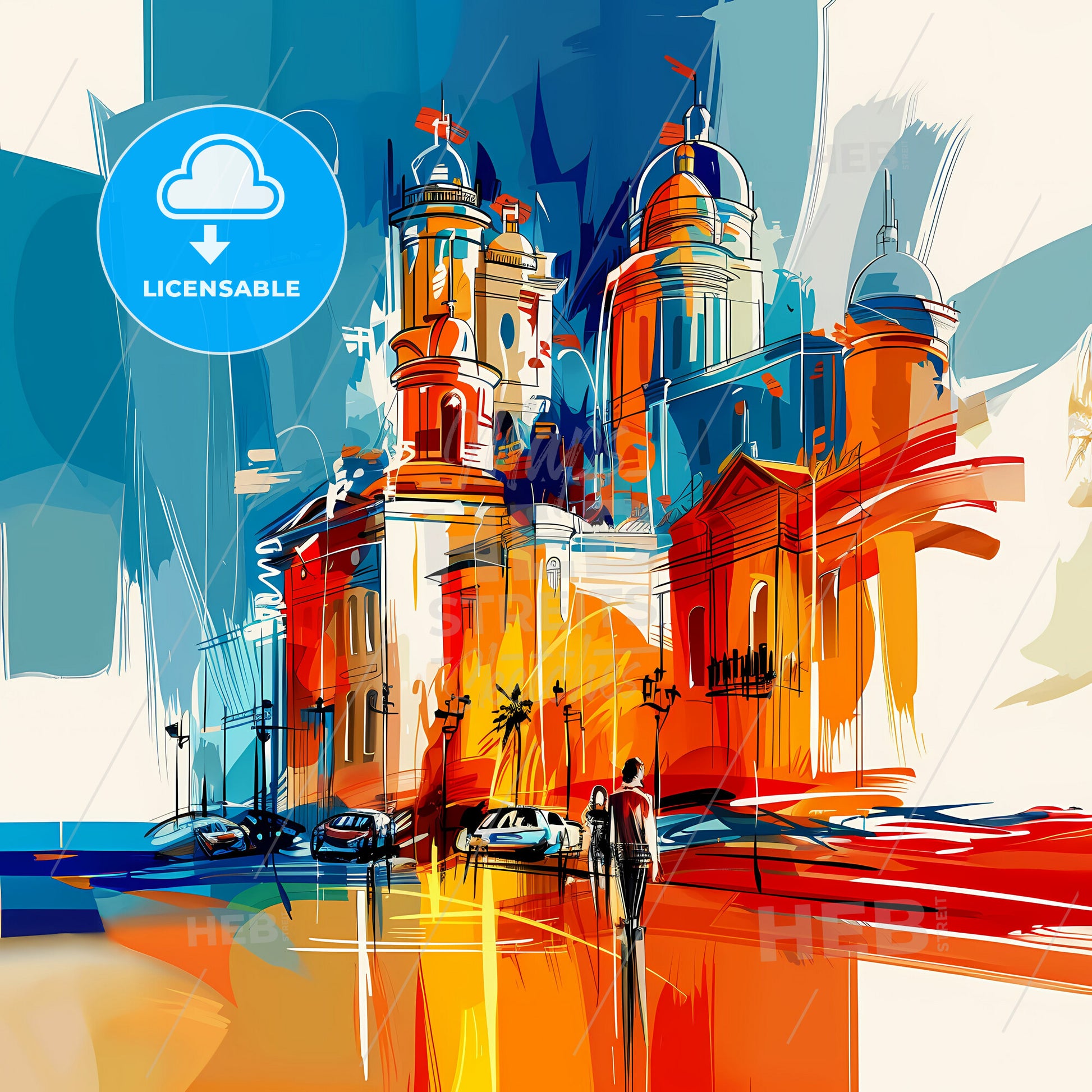 Vibrant Vina Del Mar, Chile - A Painting Of A Building With A Man Walking On The Street