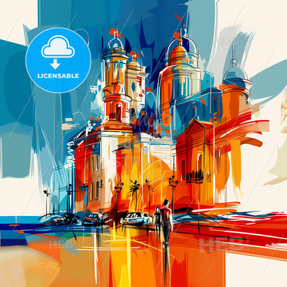 Vibrant Vina Del Mar, Chile - A Painting Of A Building With A Man Walking On The Street