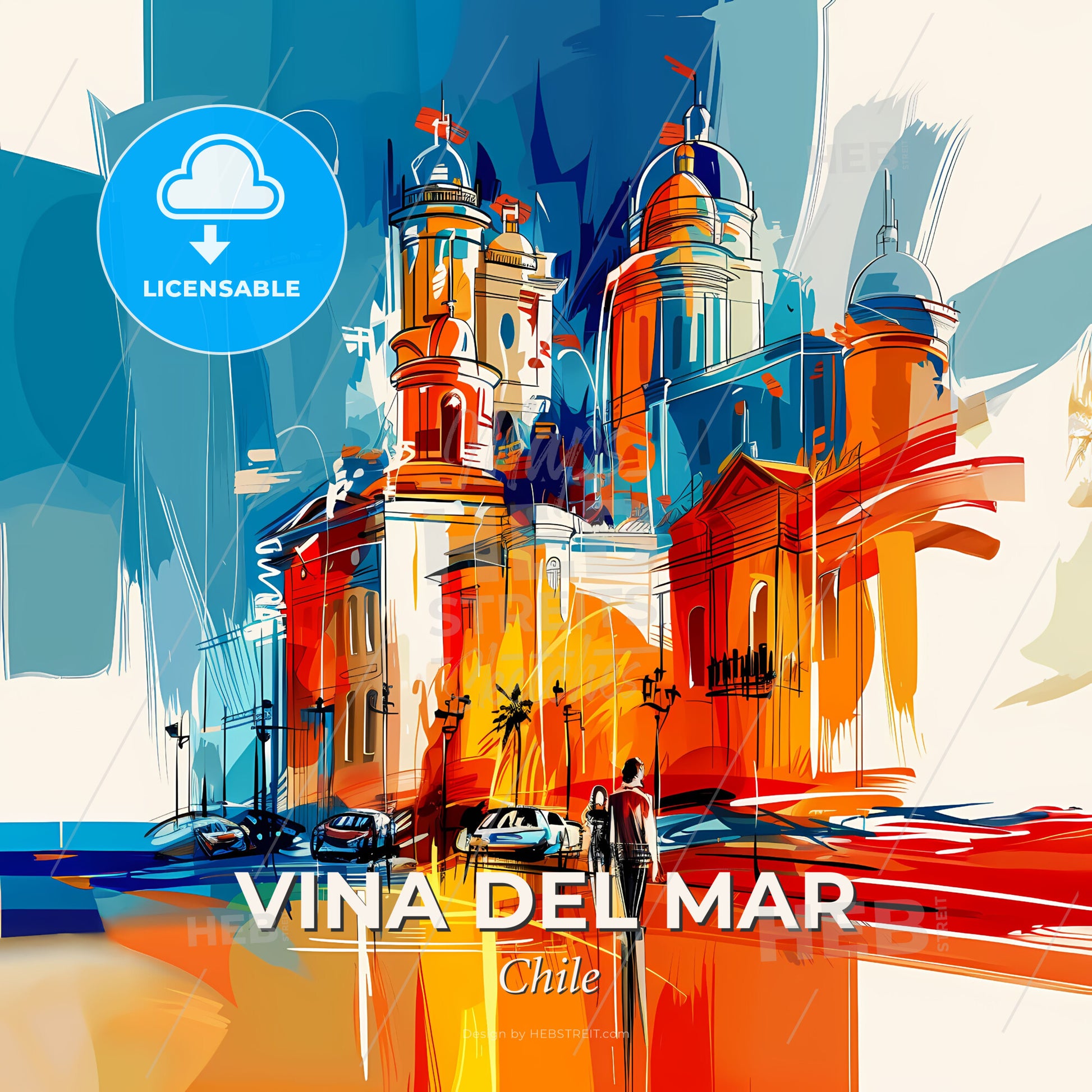 Vibrant Vina Del Mar, Chile - A Painting Of A Building With A Man Walking On The Street - Square format print template