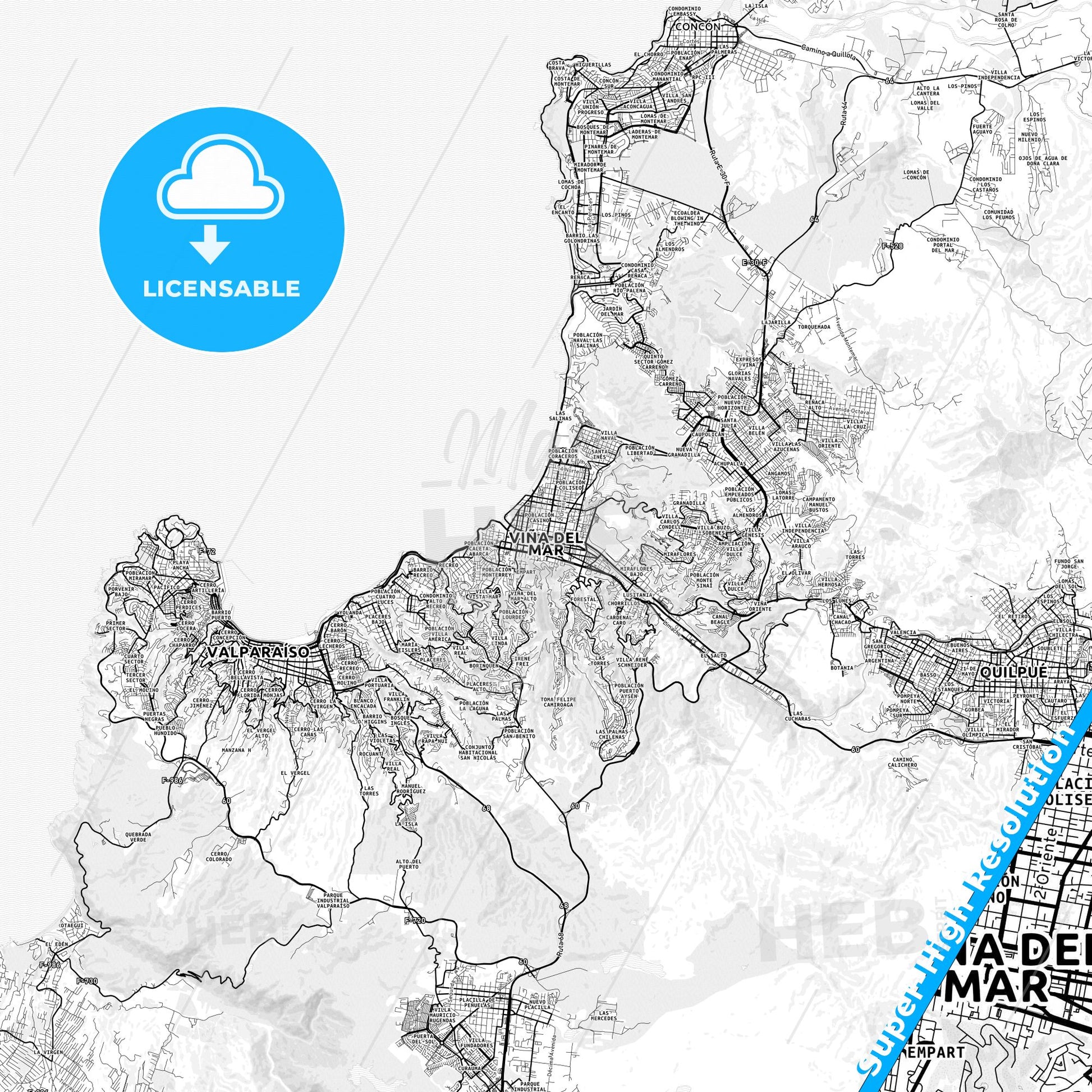 Vina del Mar, Chile light map with streetnames, citynames and districts