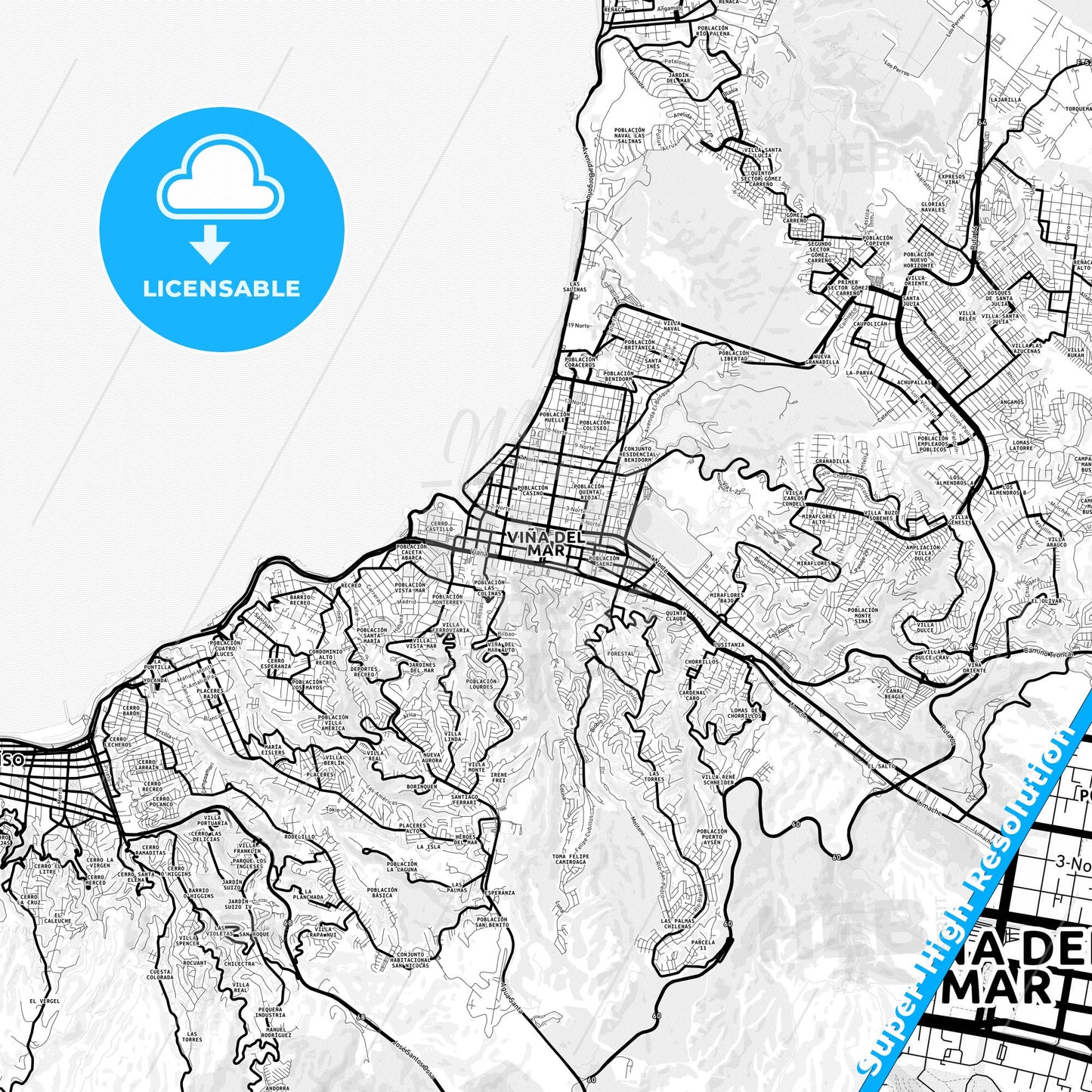 Vina del Mar, Chile Light Map with Street Names, City Names, and Districts