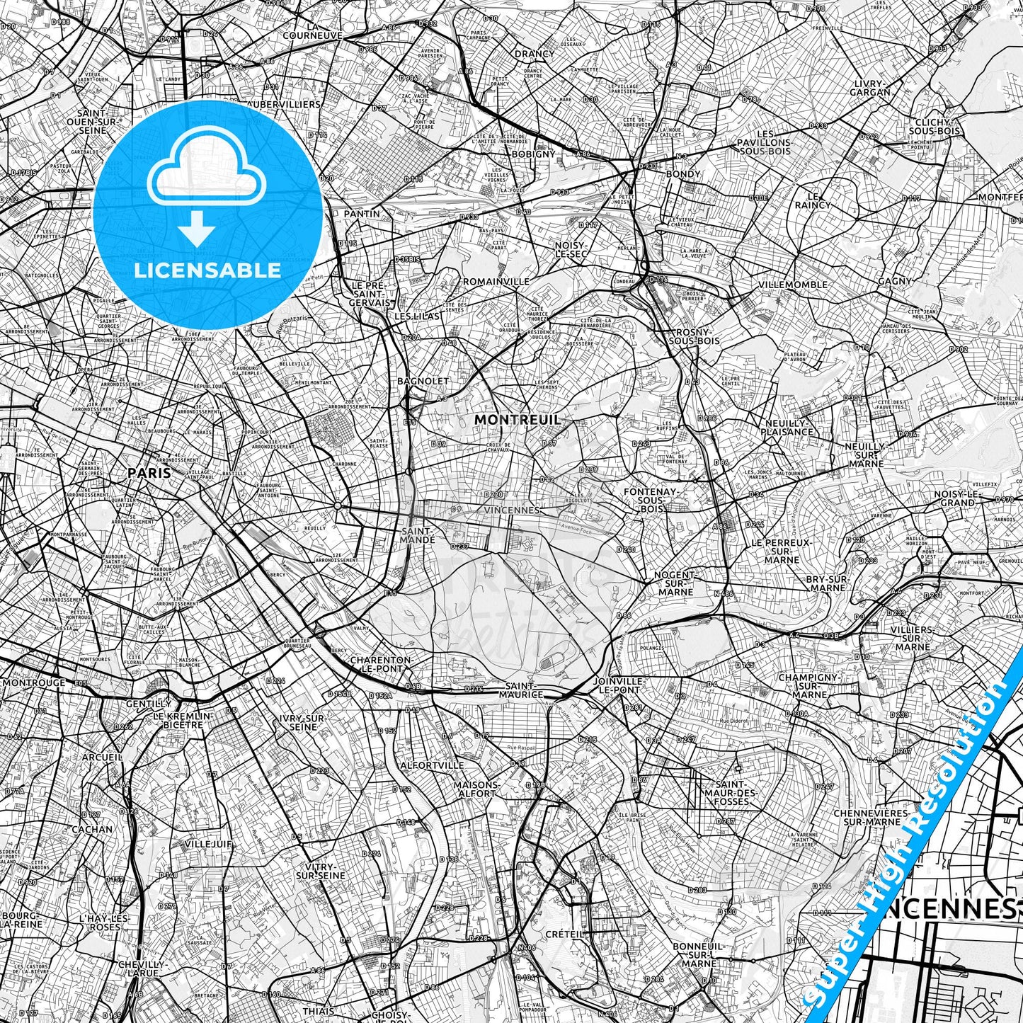 Vincennes, France light map with streetnames, citynames and districts