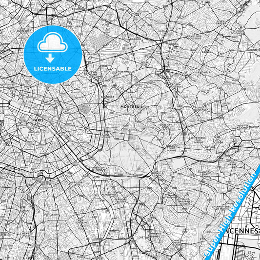 Vincennes, France light map with streetnames, citynames and districts