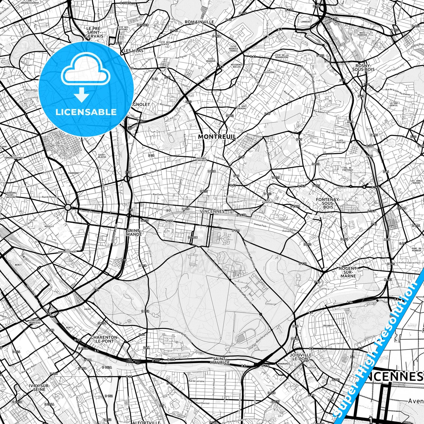 Vincennes, France Light Map with Street Names, City Names, and Districts