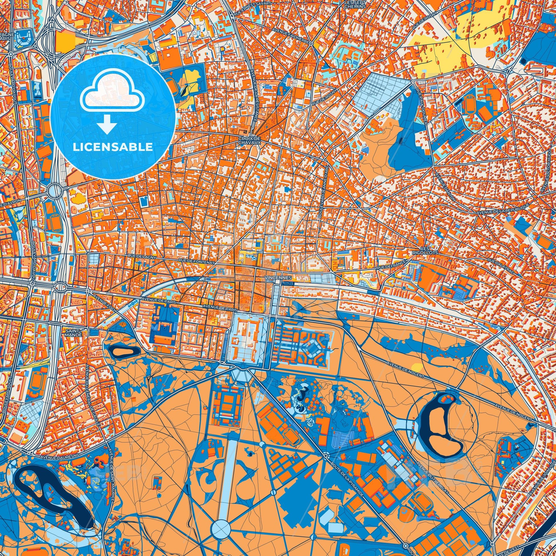 Colorful Vincennes Street Map with Labels and Buildings
