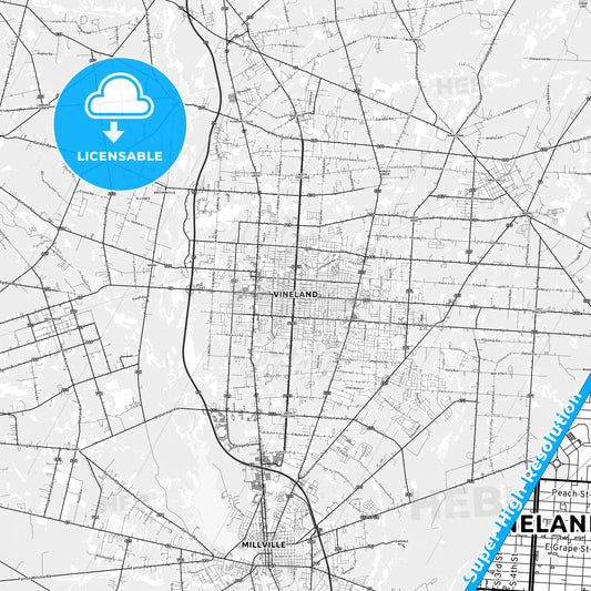 Vineland, New Jersey light map with streetnames, citynames and districts