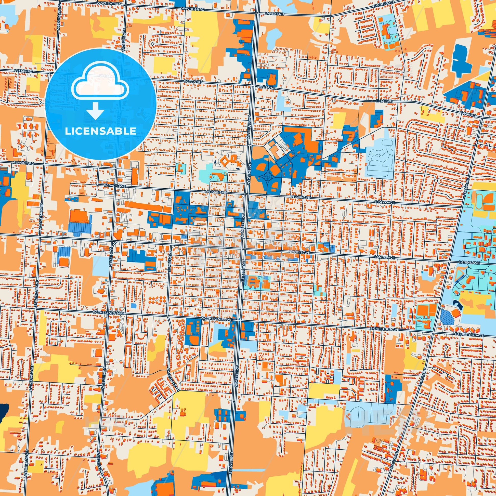Colorful Vineland Street Map with Labels and Buildings