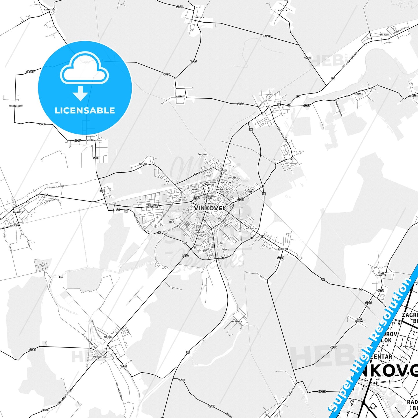 Vinkovci, Croatia light map with streetnames, citynames and districts