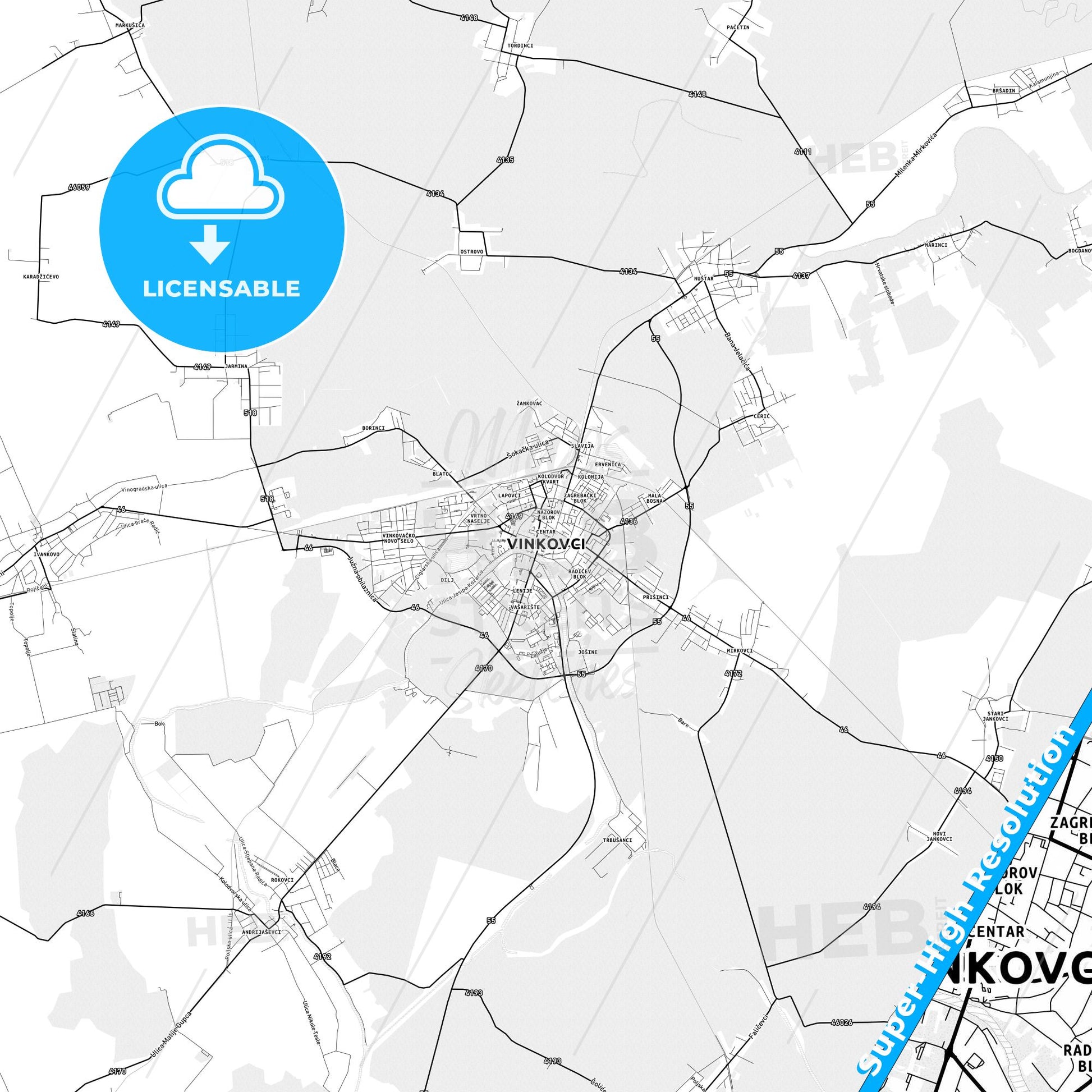 Vinkovci, Croatia light map with streetnames, citynames and districts