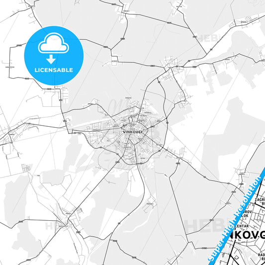 Vinkovci, Croatia light map with streetnames, citynames and districts