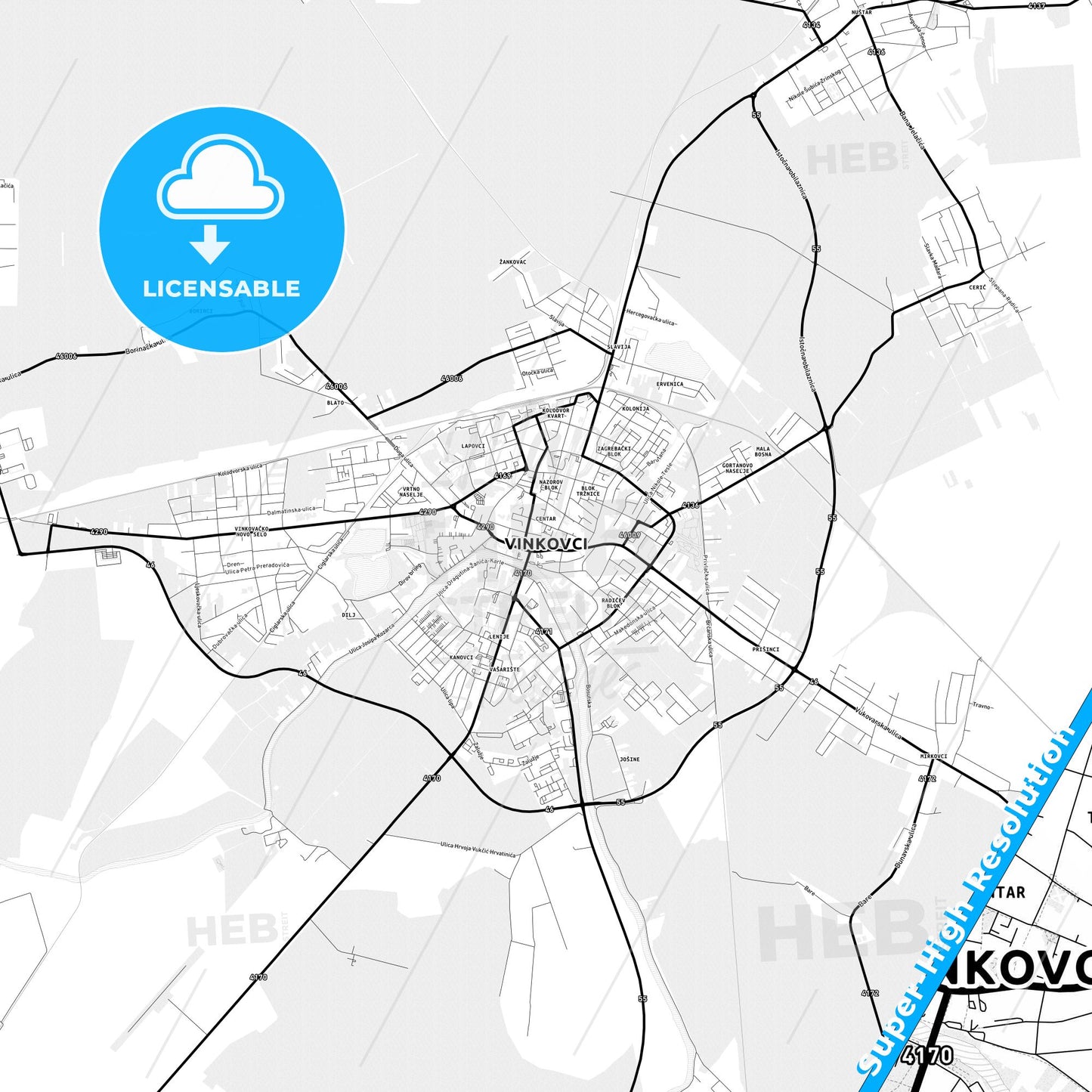 Vinkovci, Croatia Light Map with Street Names, City Names, and Districts
