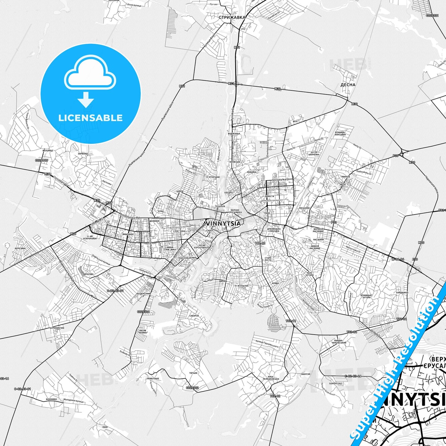 Vinnytsia, Ukraine light map with streetnames, citynames and districts