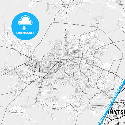 Vinnytsia, Ukraine light map with streetnames, citynames and districts