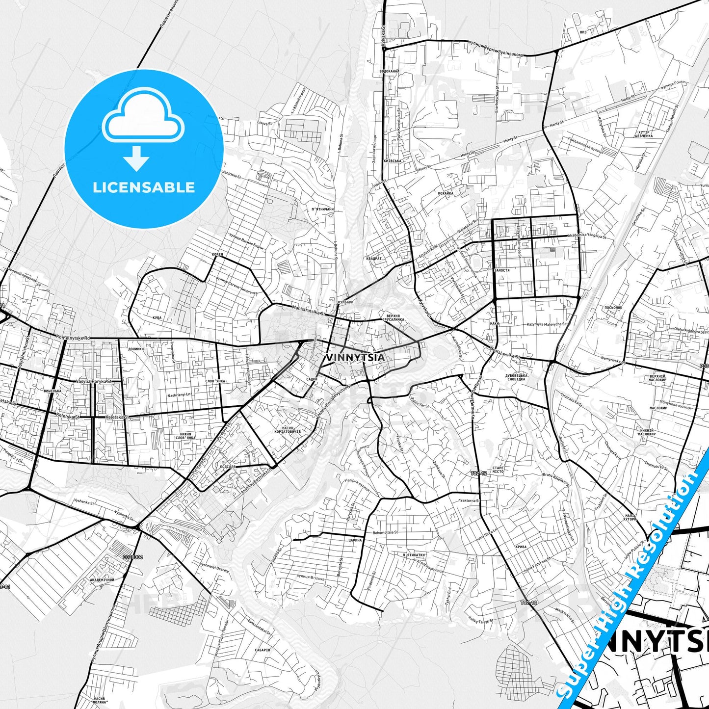 Vinnytsia, Ukraine Light Map with Street Names, City Names, and Districts