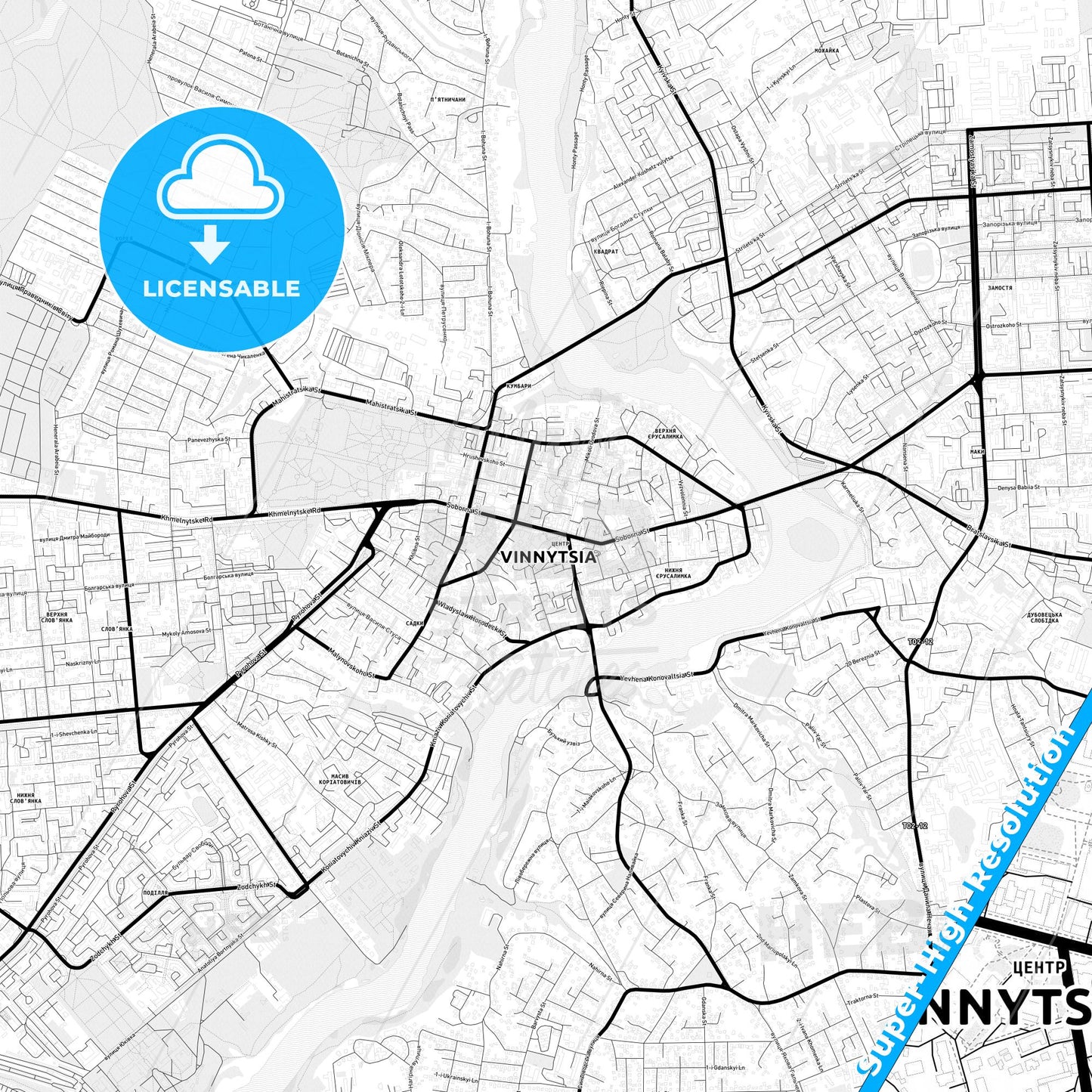 Vinnytsia, Ukraine Light Map with Street Names, City Names, and Districts
