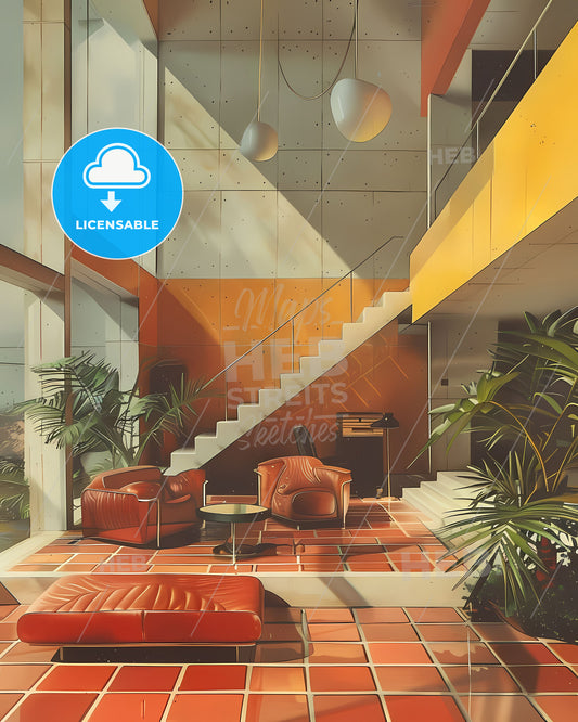 Bauhaus Living Room Interior 1980s Style Art Painting Stairs Chair Wall