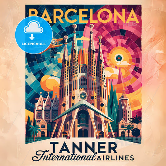 Vintage Barcelona Mosaic Travel Poster: Sagrada Familia & Vibrant Skies