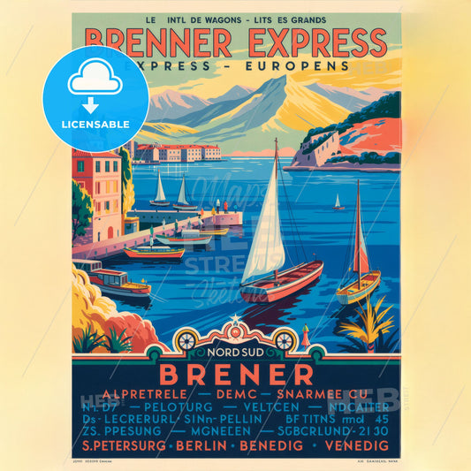 Vintage Brenner Express Travel Poster: Scenic Mediterranean Coastline & Timetable