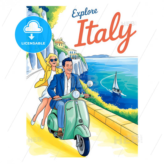 Vintage Charm: Joyful Italian Escape on a Retro Vespa by the Sea
