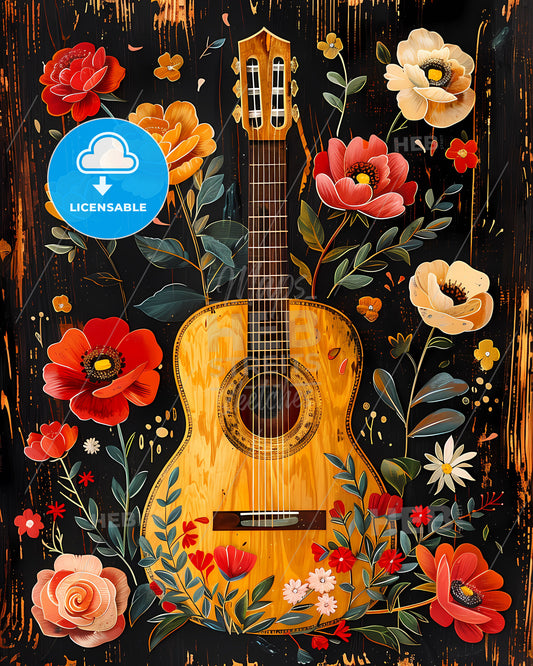 Vibrant Collage Art: Guitar with Oaxacan Embroidery, Vintage Roses, Midsummer Floral, Boho Vibes on Dark Background - Pastels!