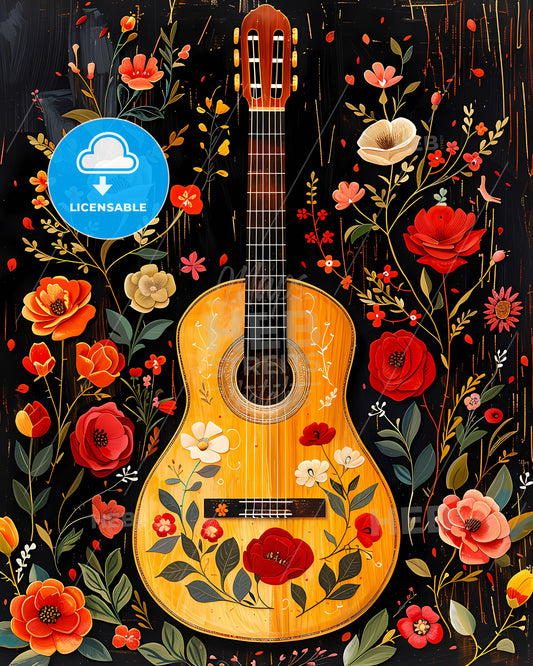 Midsummer Floral Collage: Guitar & Oaxacan Embroidery Patterns, Red & White Roses, Valentines Hearts, Boho Vibes on Dark Background