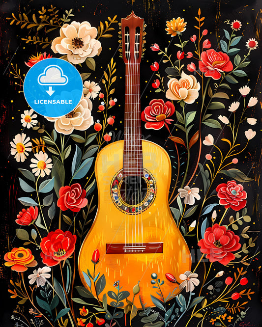 Floral Collage Art: Vibrant Guitar with Oaxacan Embroidery Patterns, Roses, Hearts - Boho, Vintage Icelandic Midsummer, Dark Background