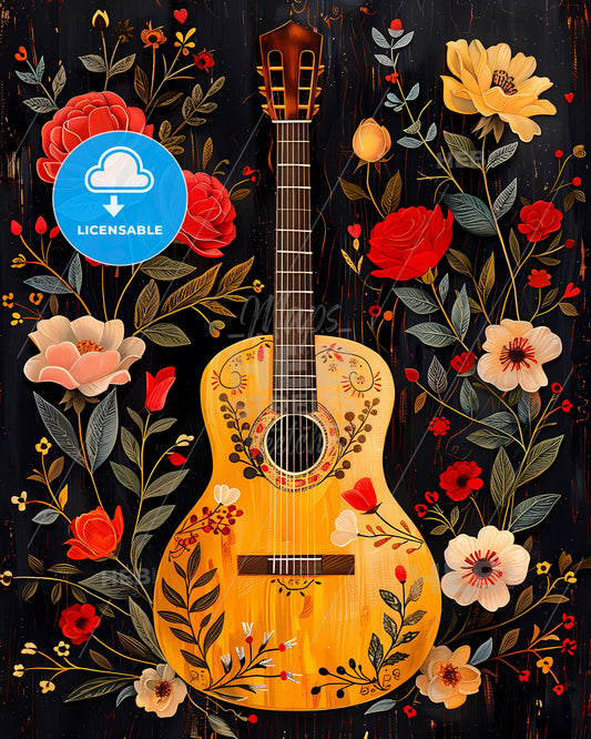 Guitar Collage Art: Vibrant Oaxacan Embroidery, Roses, Hearts & Midsummer Floral on Boho Dark Background