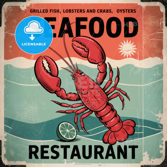 Vintage Coral & Mint Seafood Restaurant Poster - Art Nouveau Lobster Design