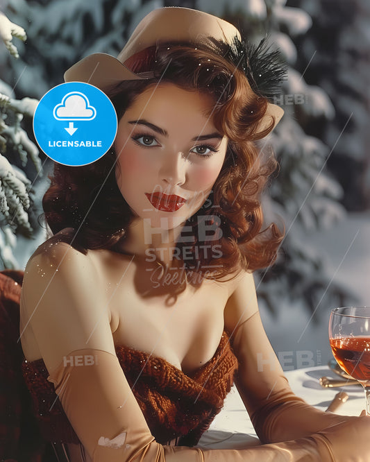 Vibrant Vintage New Year's Eve Party Art Depicting Woman with Wine
