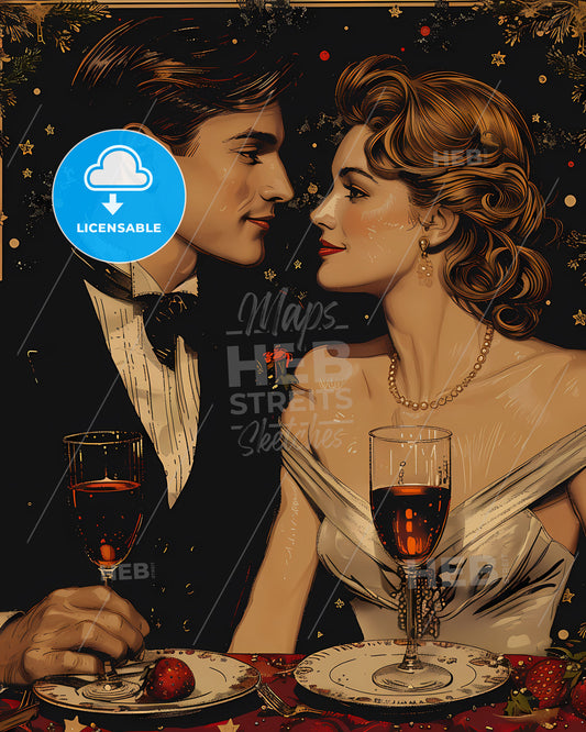 Retro New Year's Eve painting art featuring a couple, vintage party, and abstract brushstrokes